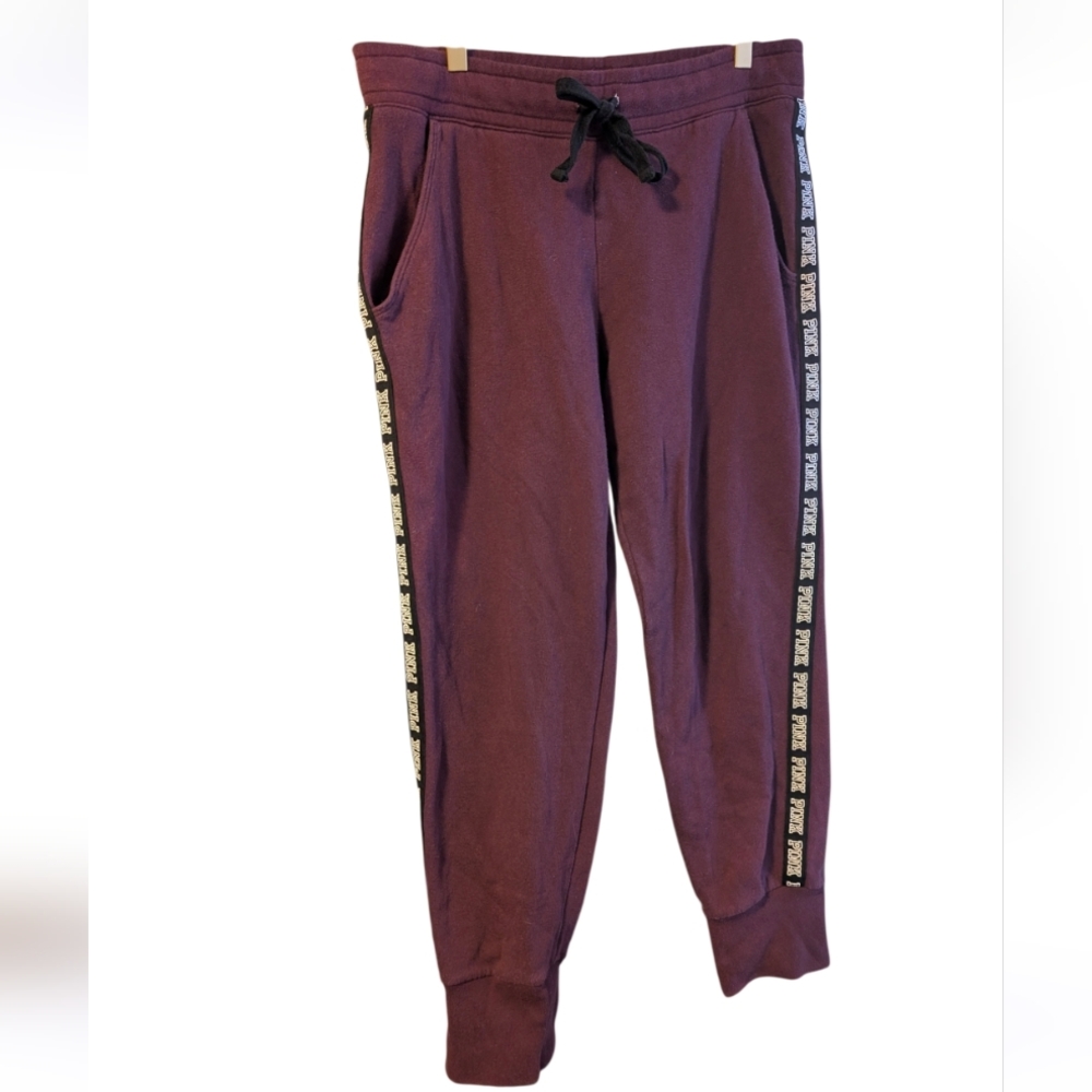 Pink by Victoria Secret Classic Joggers Burgundy Track Pants Side Stripe Fleece